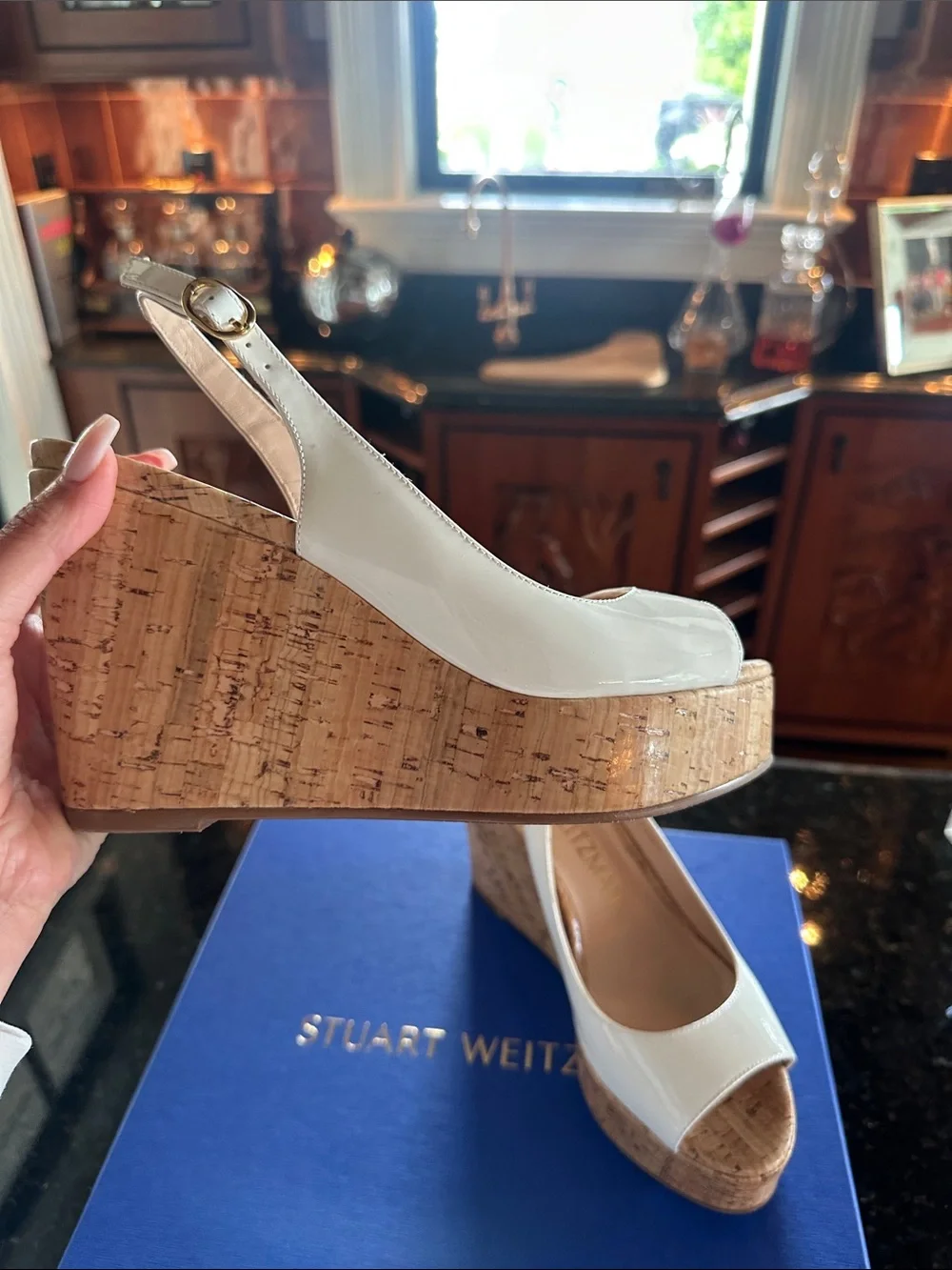 Stuart Weitzman White Cork Platform Wedge Slingbacks - Picture 3 of 5